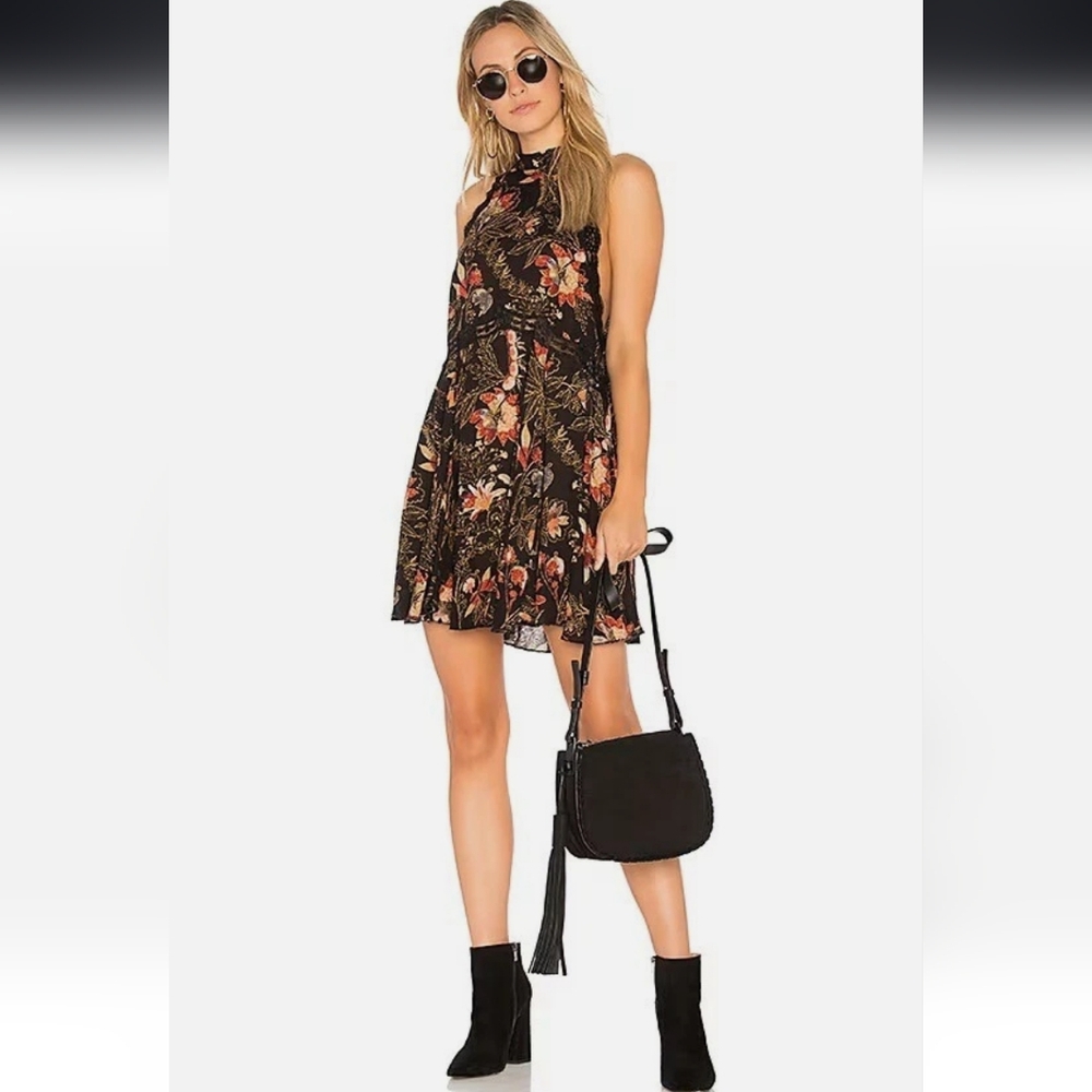 Free People She Moves Mini Dress Floral Hi Neck Exposed Back Flouncy Black S NWT